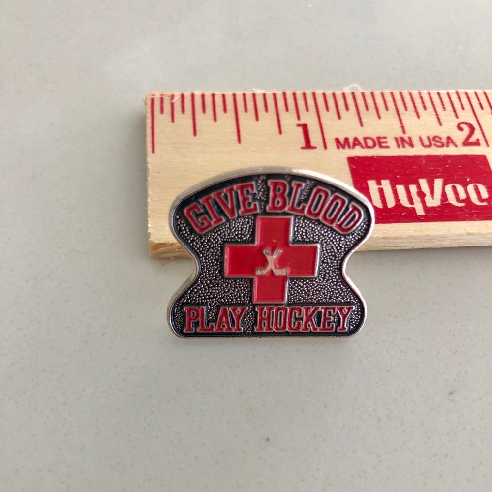 Give Blood Play HOCKEY pin! Enamel/metal sticks
